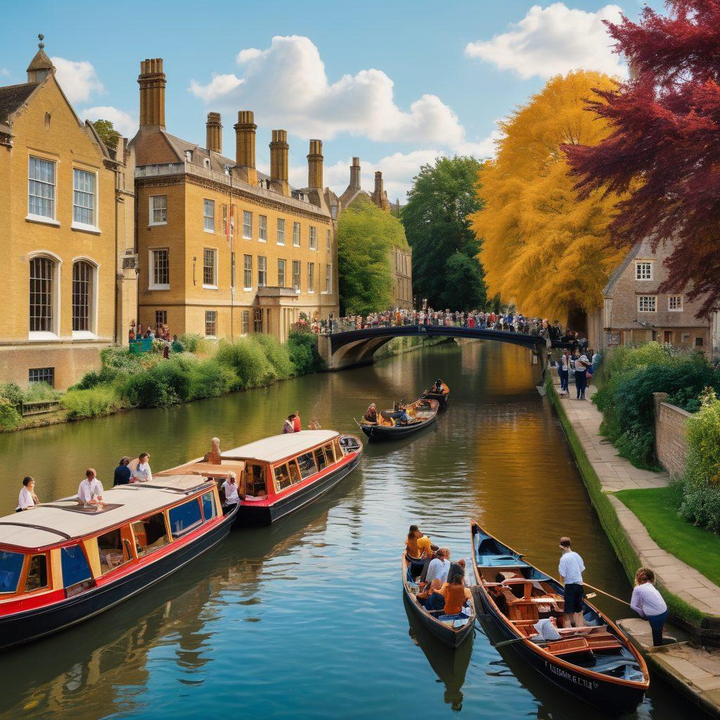 An intricate collage showcasing the essence of Cambridge culture: historic university buildings, diverse community gatherings, and engaging digital storytelling platforms. Incorporate elements like books, laptops, and local art, all set against the backdrop of the picturesque River Cam. Include a warm, inviting atmosphere with people of different backgrounds interacting and sharing stories. vibrant colors. painting.