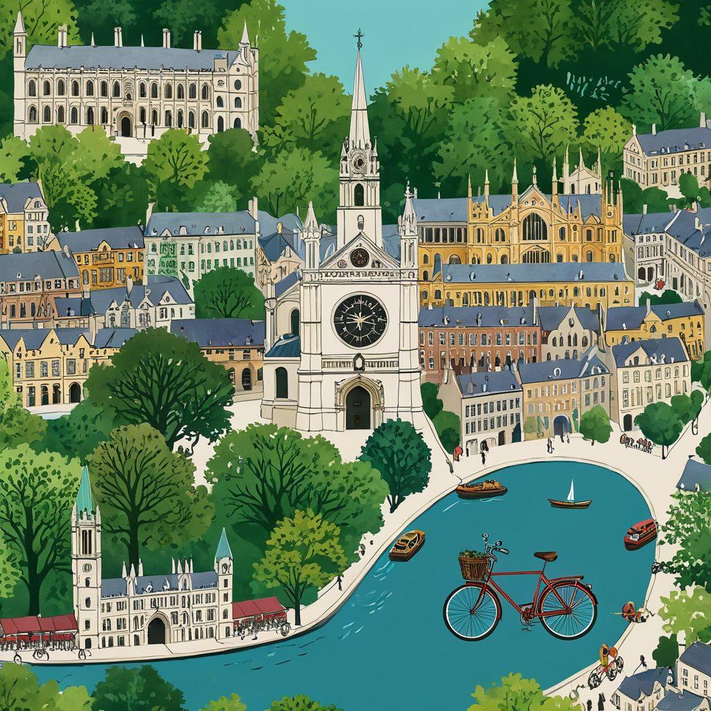 An illustrated map of Cambridge highlighting historical landmarks, cultural icons, and community hotspots intertwined with a vintage-style compass rose. Include lush greenery, bicycles, and university buildings to represent the vibrant atmosphere. Use warm, inviting colors to evoke a sense of exploration and discovery. watercolor illustration. vibrant colors. vintage style.